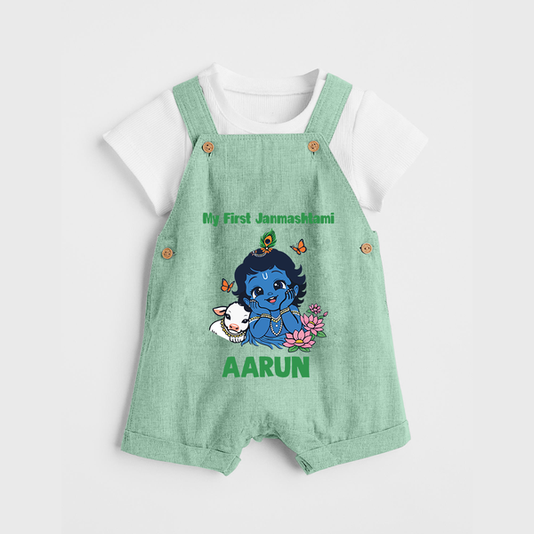My First Janmashtami Baby Krishna Lotus Charm Print Dungaree - MINT GREEN - 0 - 5 Months Old (Chest 18")