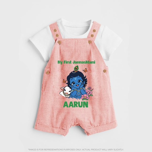 My First Janmashtami Baby Krishna Lotus Charm Print Dungaree - PEACH - 0 - 5 Months Old (Chest 18")