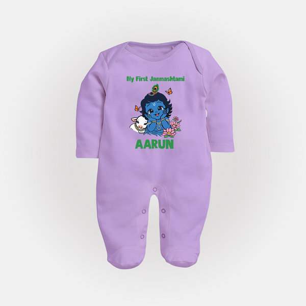 My First Janmashtami Baby Krishna Lotus Charm Print Fullbody suit - LILAC - New Born (Chest 7.5")