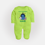 My First Janmashtami Baby Krishna Lotus Charm Print Fullbody suit - LIME GREEN - New Born (Chest 7.5")