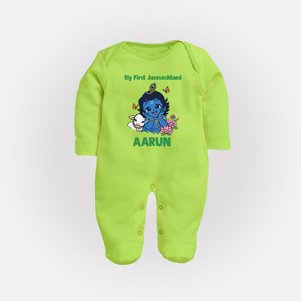 My First Janmashtami Baby Krishna Lotus Charm Print Fullbody suit - LIME GREEN - New Born (Chest 7.5")