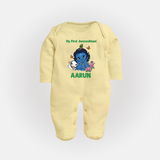 My First Janmashtami Baby Krishna Lotus Charm Print Fullbody suit - PASTEL YELLOW - New Born (Chest 7.5")