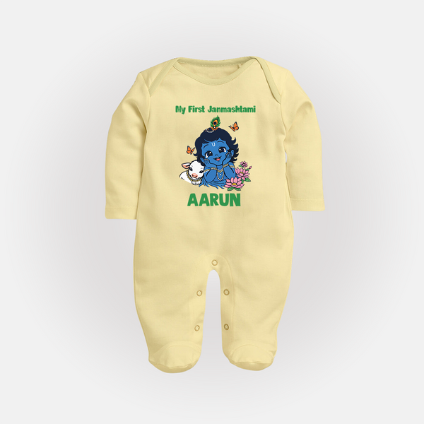 My First Janmashtami Baby Krishna Lotus Charm Print Fullbody suit - PASTEL YELLOW - New Born (Chest 7.5")