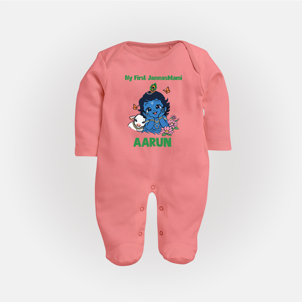 My First Janmashtami Baby Krishna Lotus Charm Print Fullbody suit - PEACH - New Born (Chest 7.5")