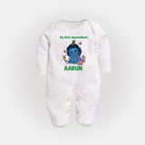 My First Janmashtami Baby Krishna Lotus Charm Print Fullbody suit - WHITE - New Born (Chest 7.5")