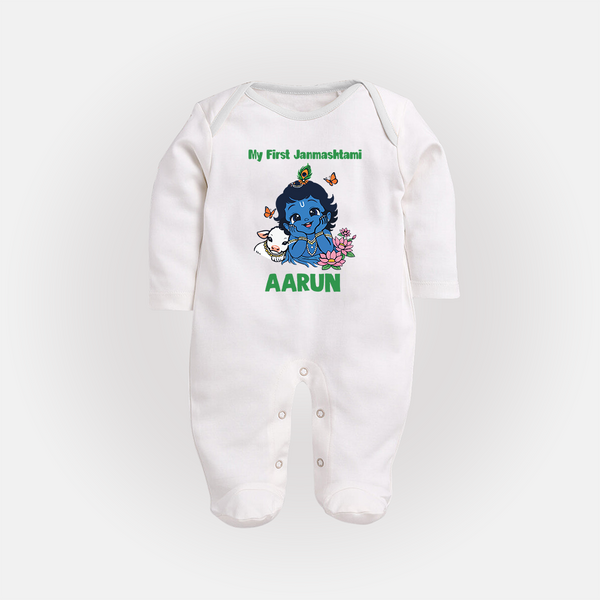 My First Janmashtami Baby Krishna Lotus Charm Print Fullbody suit - WHITE - New Born (Chest 7.5")