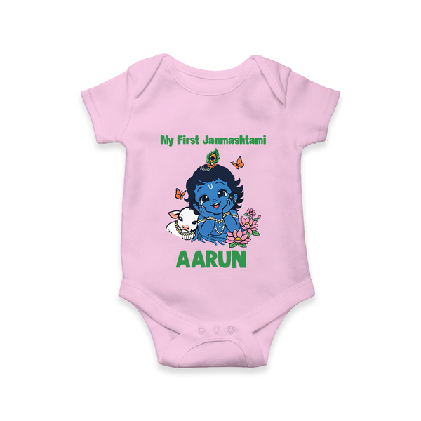 My First Janmashtami Baby Krishna Lotus Charm Print Romper - BABY PINK - New Born (Chest 14")