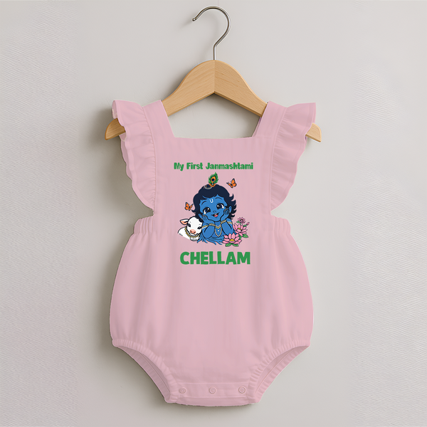 My First Janmashtami Baby Krishna Lotus Charm Print Romper Frock - BABY PINK - 0 - 3 Months Old (Chest 19")