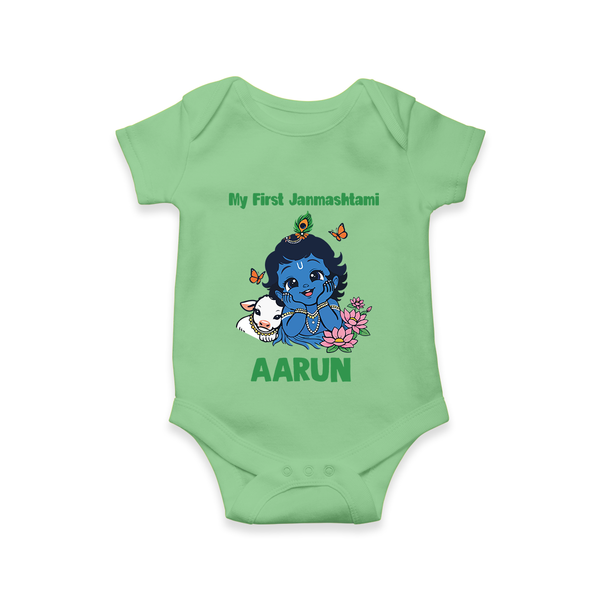 My First Janmashtami Baby Krishna Lotus Charm Print Romper - GREEN - New Born (Chest 14")