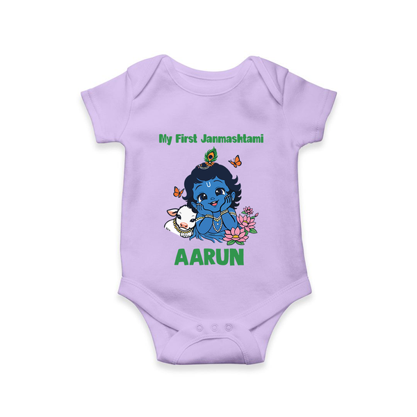 My First Janmashtami Baby Krishna Lotus Charm Print Romper - LILAC - New Born (Chest 14")