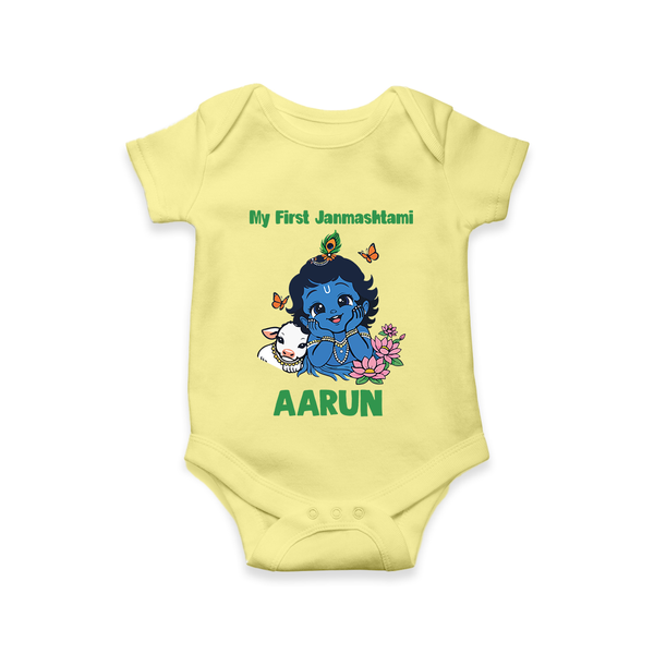 My First Janmashtami Baby Krishna Lotus Charm Print Romper - PASTEL YELLOW - New Born (Chest 14")
