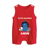 My First Janmashtami Baby Krishna Lotus Charm Print Button Romper - RED - New Born (Chest 18")