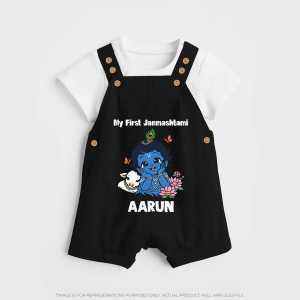 My First Janmashtami Baby Krishna Lotus Charm Print Dungaree - BLACK - 0 - 5 Months Old (Chest 18")