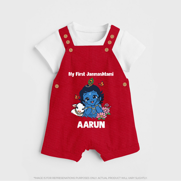 My First Janmashtami Baby Krishna Lotus Charm Print Dungaree - RED - 0 - 5 Months Old (Chest 18")