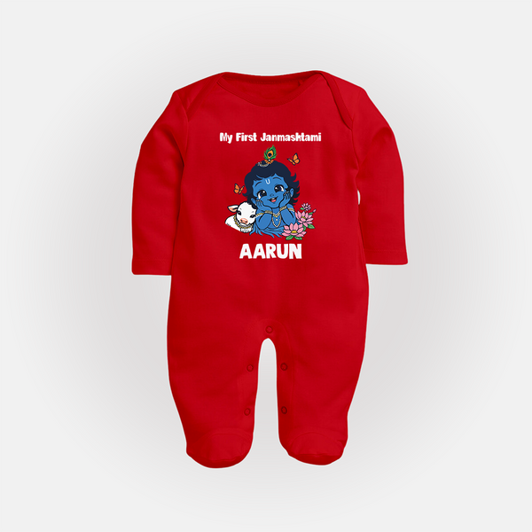 My First Janmashtami Baby Krishna Lotus Charm Print Fullbody suit - RED - New Born (Chest 7.5")
