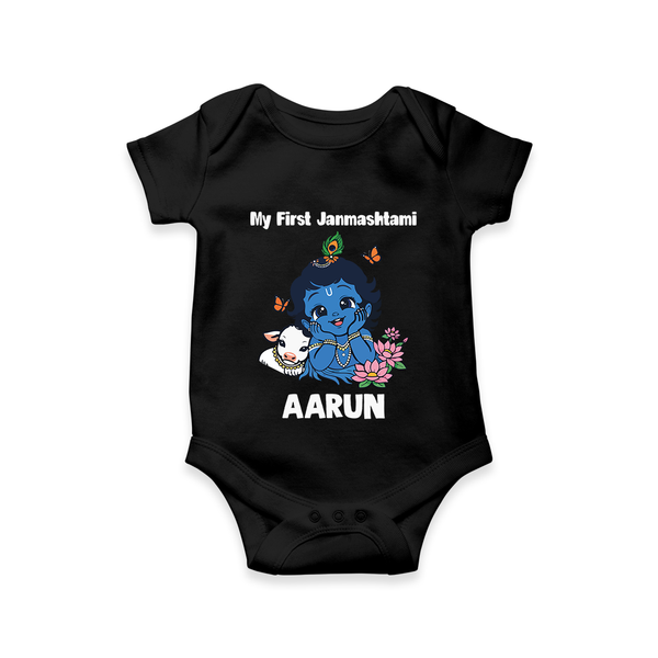 My First Janmashtami Baby Krishna Lotus Charm Print Romper - BLACK - New Born (Chest 14")