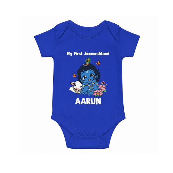 My First Janmashtami Baby Krishna Lotus Charm Print Romper - COBALT BLUE - New Born (Chest 14")