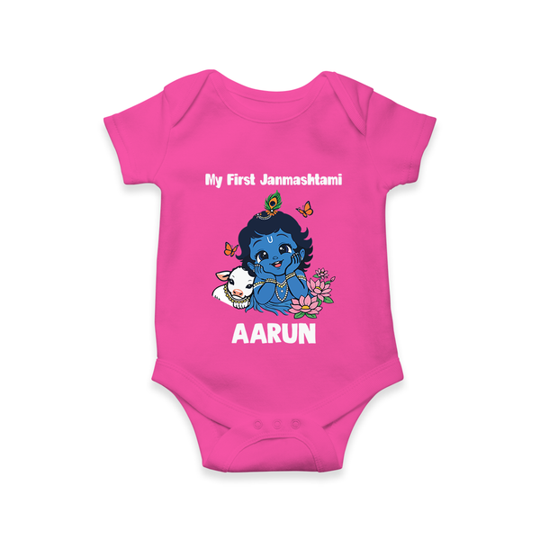 My First Janmashtami Baby Krishna Lotus Charm Print Romper - HOT PINK - New Born (Chest 14")