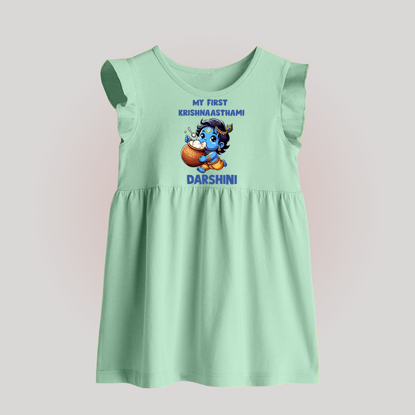 My First Krishna Janmashtami Butter Lover Print Baby Frock - MINT GREEN - 0 - 3 Months Old (Chest 17")