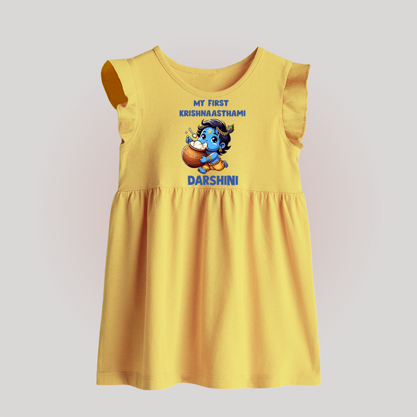 My First Krishna Janmashtami Butter Lover Print Baby Frock - PASTEL YELLOW - 0 - 3 Months Old (Chest 17")