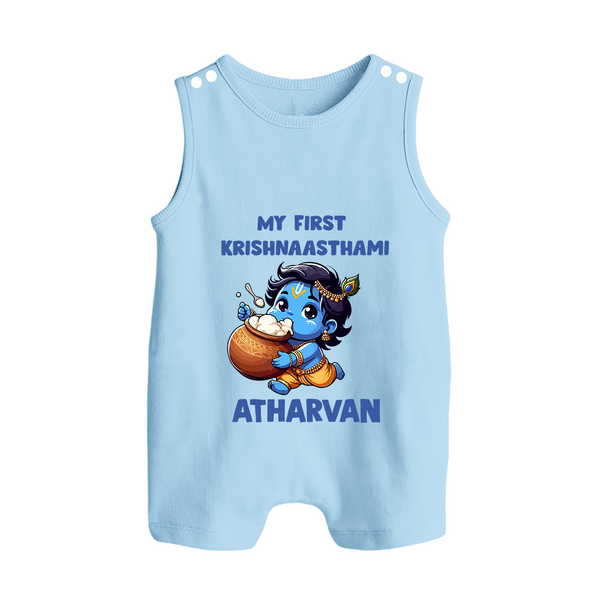 My First Krishna Janmashtami Butter Lover Print Button Romper - BABY BLUE - New Born (Chest 18")