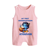 My First Krishna Janmashtami Butter Lover Print Button Romper - BABY PINK - New Born (Chest 18")