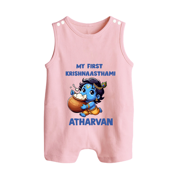 My First Krishna Janmashtami Butter Lover Print Button Romper - BABY PINK - New Born (Chest 18")