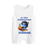My First Krishna Janmashtami Butter Lover Print Button Romper - WHITE - New Born (Chest 18")