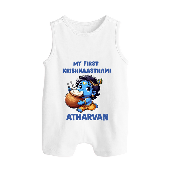 My First Krishna Janmashtami Butter Lover Print Button Romper - WHITE - New Born (Chest 18")