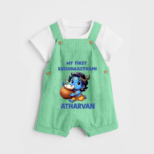 My First Krishna Janmashtami Butter Lover Print Dungaree - GREEN - 0 - 5 Months Old (Chest 18")