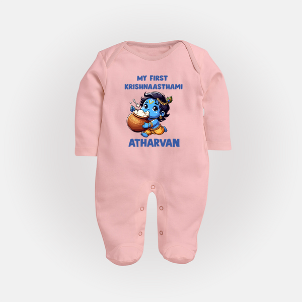 My First Krishna Janmashtami Butter Lover Print Fullbody suit - BABY PINK - New Born (Chest 7.5")