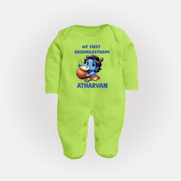 My First Krishna Janmashtami Butter Lover Print Fullbody suit - LIME GREEN - New Born (Chest 7.5")