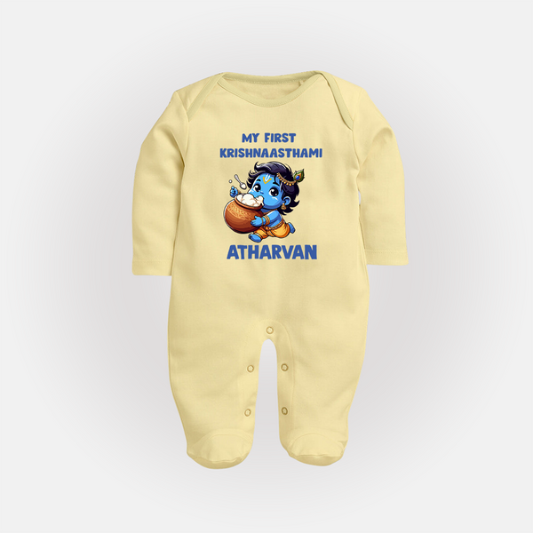 My First Krishna Janmashtami Butter Lover Print Fullbody suit - PASTEL YELLOW - New Born (Chest 7.5")