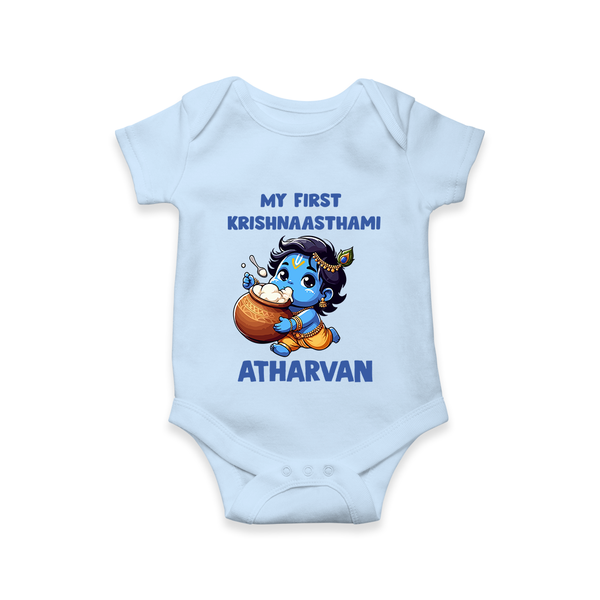 My First Krishna Janmashtami Butter Lover Print Romper - BABY BLUE - New Born (Chest 14")