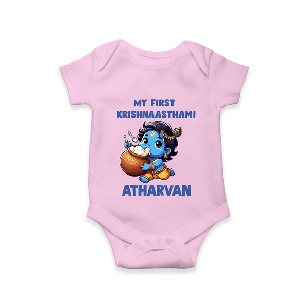 My First Krishna Janmashtami Butter Lover Print Romper - BABY PINK - New Born (Chest 14")