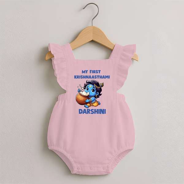 My First Krishna Janmashtami Butter Lover Print Romper Frock - BABY PINK - 0 - 3 Months Old (Chest 19")