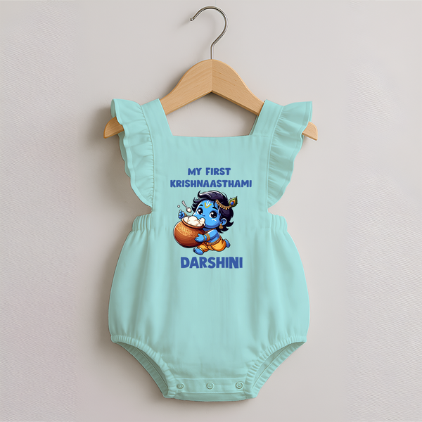 My First Krishna Janmashtami Butter Lover Print Romper Frock - MINT GREEN - 0 - 3 Months Old (Chest 19")