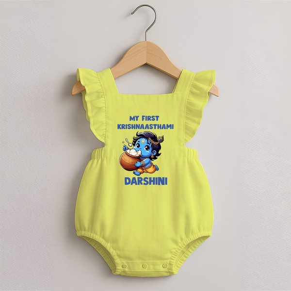 My First Krishna Janmashtami Butter Lover Print Romper Frock - PASTEL YELLOW - 0 - 3 Months Old (Chest 19")