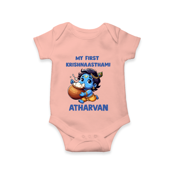 My First Krishna Janmashtami Butter Lover Print Romper - PEACH - New Born (Chest 14")
