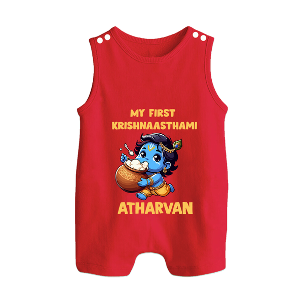 My First Krishna Janmashtami Butter Lover Print Button Romper - RED - New Born (Chest 18")