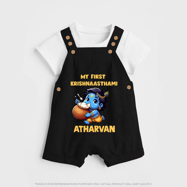 My First Krishna Janmashtami Butter Lover Print Dungaree - BLACK - 0 - 5 Months Old (Chest 18")