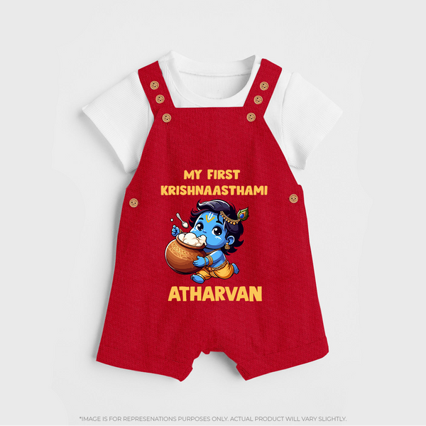 My First Krishna Janmashtami Butter Lover Print Dungaree - RED - 0 - 5 Months Old (Chest 18")