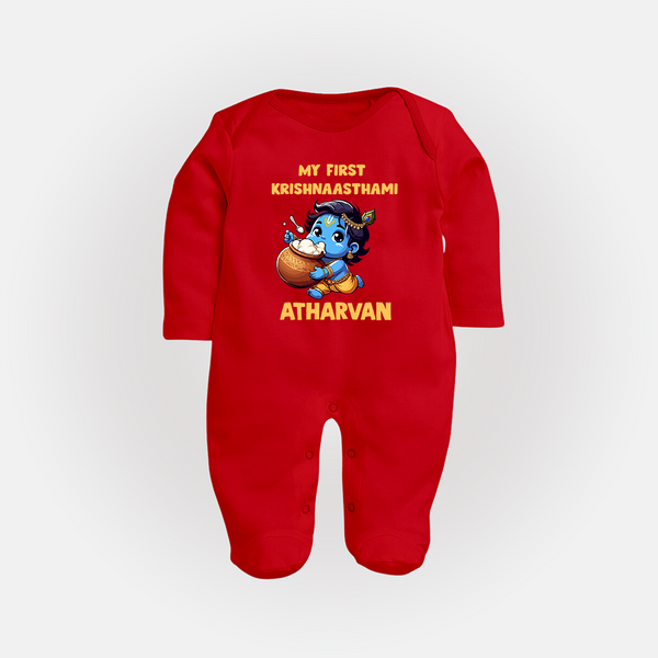 My First Krishna Janmashtami Butter Lover Print Fullbody suit - RED - New Born (Chest 7.5")