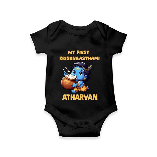 My First Krishna Janmashtami Butter Lover Print Romper - BLACK - New Born (Chest 14")