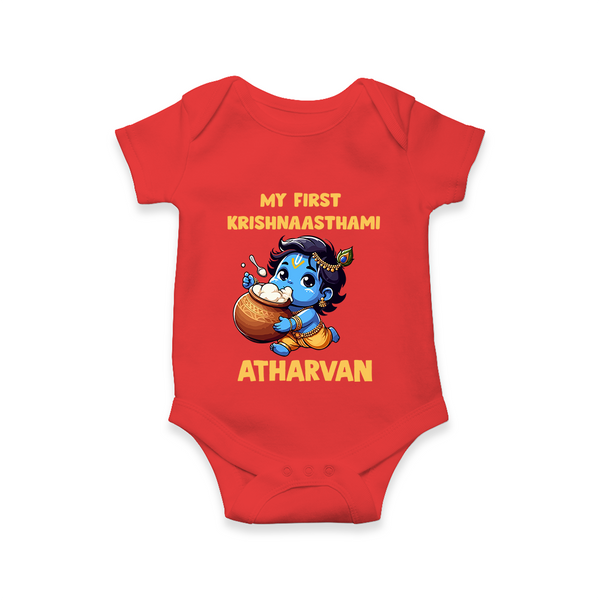 My First Krishna Janmashtami Butter Lover Print Romper - RED - New Born (Chest 14")