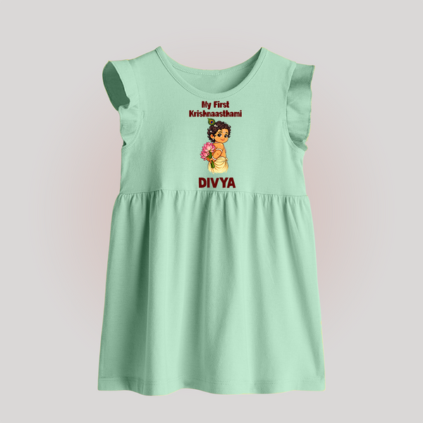 My First Krishna Janmashtami Cute Bal Krishna Print Baby Frock - MINT GREEN - 0 - 3 Months Old (Chest 17")