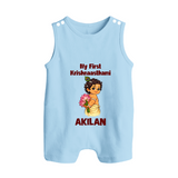 My First Krishna Janmashtami Cute Bal Krishna Print Button Romper - BABY BLUE - New Born (Chest 18")