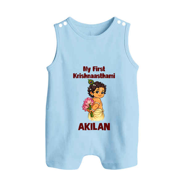 My First Krishna Janmashtami Cute Bal Krishna Print Button Romper - BABY BLUE - New Born (Chest 18")