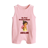 My First Krishna Janmashtami Cute Bal Krishna Print Button Romper - BABY PINK - New Born (Chest 18")