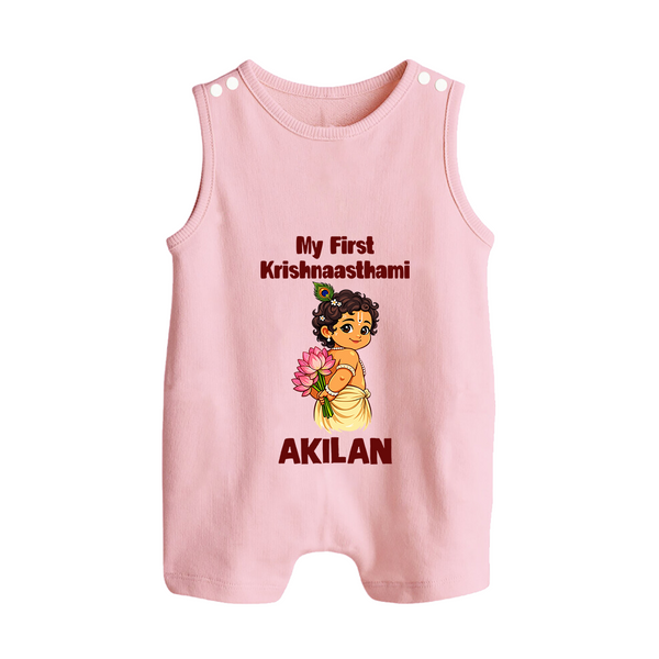 My First Krishna Janmashtami Cute Bal Krishna Print Button Romper - BABY PINK - New Born (Chest 18")